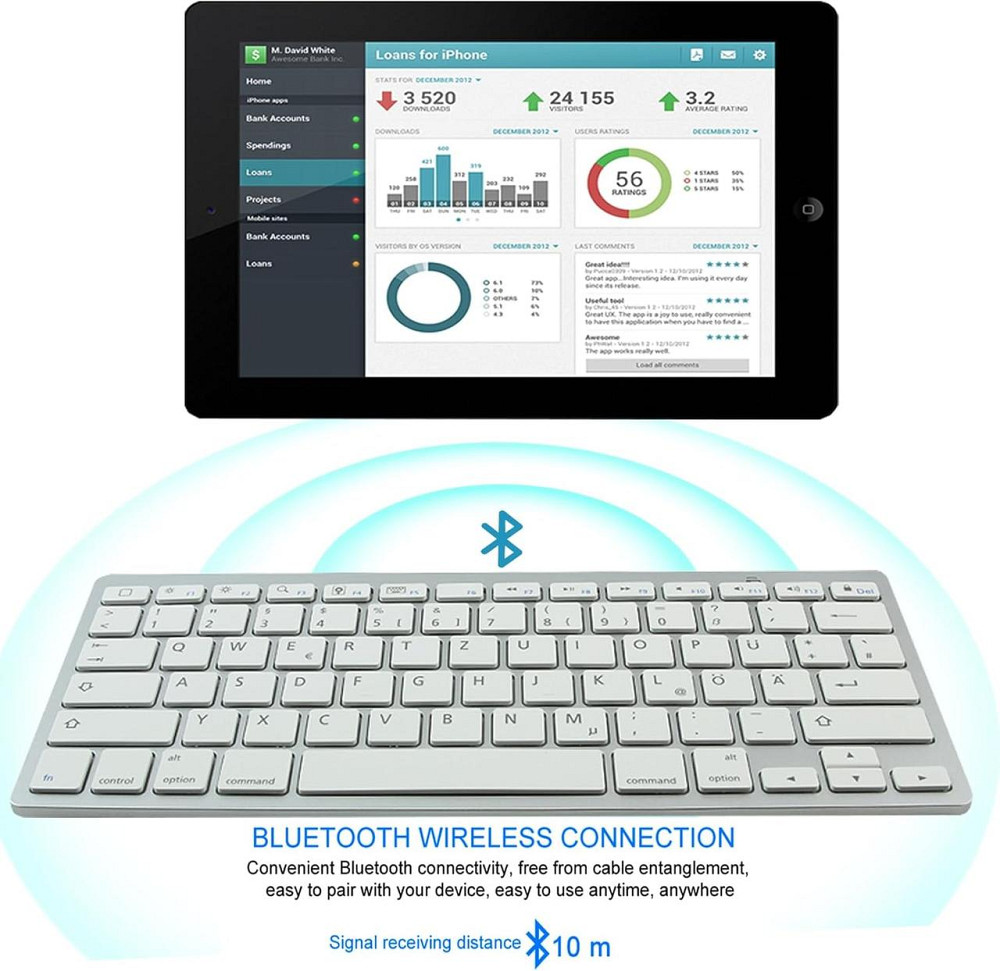 Беспроводная Bluetooth клавиатура 78 клавиш, серебристая, QWERTZ, для ноутбука, планшета, iOS Android Windows Киев - изображение 3