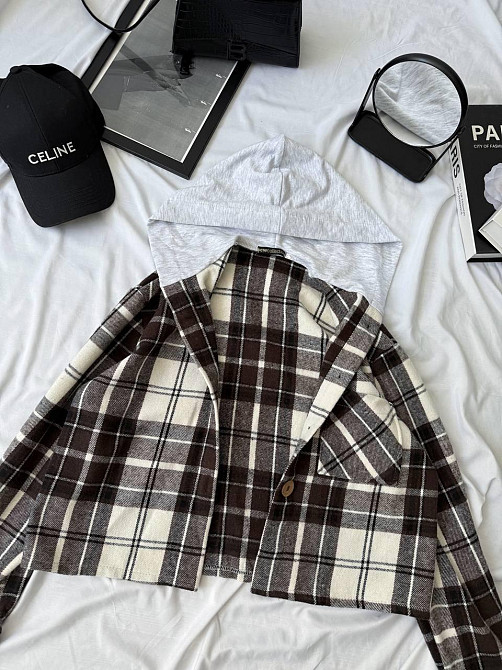 Женская оверсайз рубашка в клетку с капюшоном турецкий кашемир Шоколад, 42/46 Одесса - изображение 3