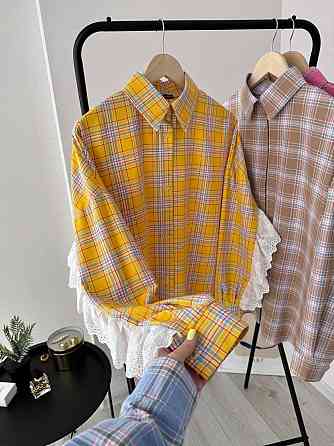 Жіноча стильна оверсайз сорочка у клітинку з акцентними рукавами Одеса