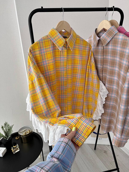 Женская стильная оверсайз рубашка в клетку с акцентными рукавами Одесса - изображение 1