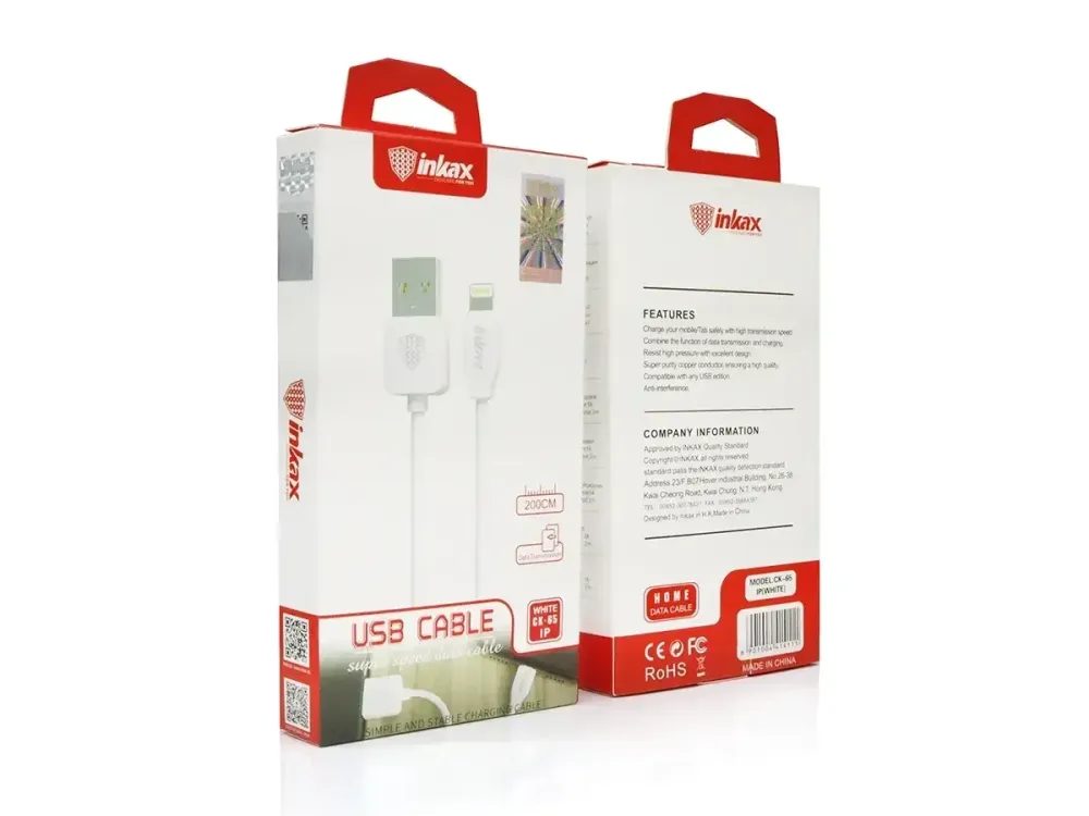 Кабель USB - Lightning Inkax CK-6 2м 1A швидка зарядка для iPhone iPad шнур із захисним чіпом білий Одеса - фото 2