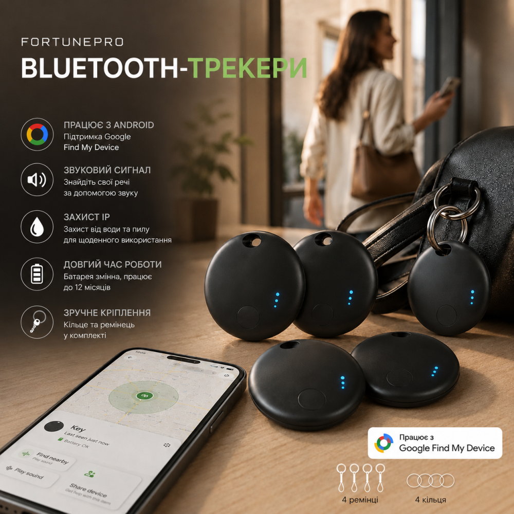 Комплект Bluetooth-трекерів Fortunepro (4 шт.) для Android: Пошук ключів та багажу через Google Find My Device, IP-захист, Black Київ - фото 11
