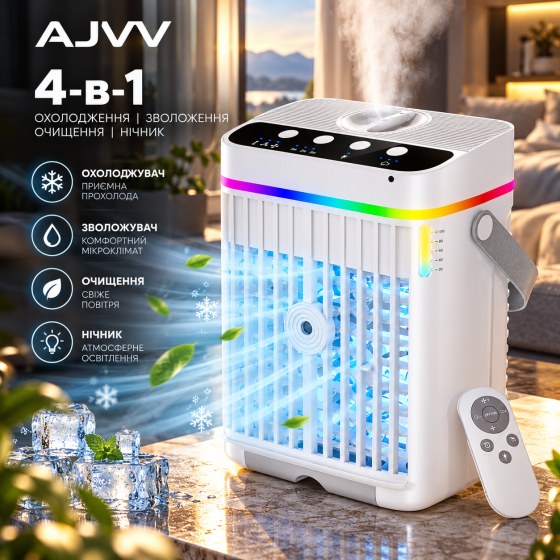 Портативний охолоджувач повітря AJVV 4-в-1, 10 Вт, 1250 мл, USB-C, 3 швидкості, зволожувач і нічник, білий Київ