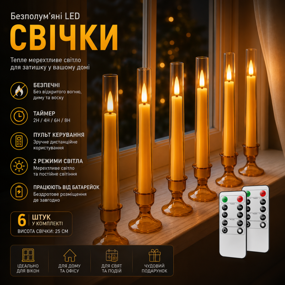 Светодиодные беспламенные свечи для окон 25 см, набор 6 шт с пультом дистанционного управления, таймером и подставками, теплый Киев - изображение 9