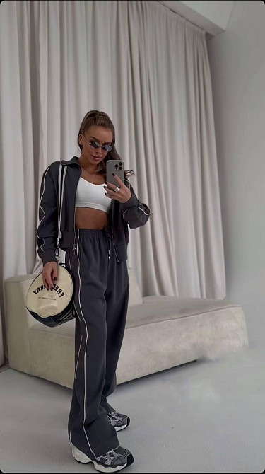 Женский прогулочный костюм двойка: кофта и брюки с кантом двунить Графит, 44/46 Одесса - изображение 1