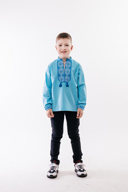 Вышиванка для мальчиков, льняная, голубая, 128 Киев - изображение 1