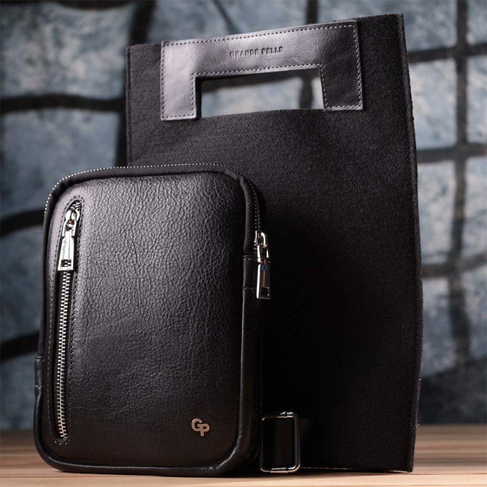 Мужская прямоугольная сумка бананка из зернистой натуральной кожи GRANDE PELLE 22879 Черный Киев - изображение 1