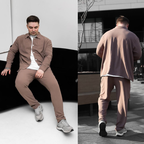 Мужской летний костюм Casual рубашка и штаны Оверсайз жатка весна лето SANE какао L Одесса