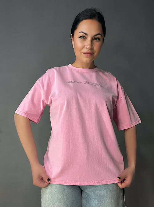 Футболка женская A-N 27039 вареная тай-дай оверсайз хлопок с надписью, розовый, one size Киев - изображение 19