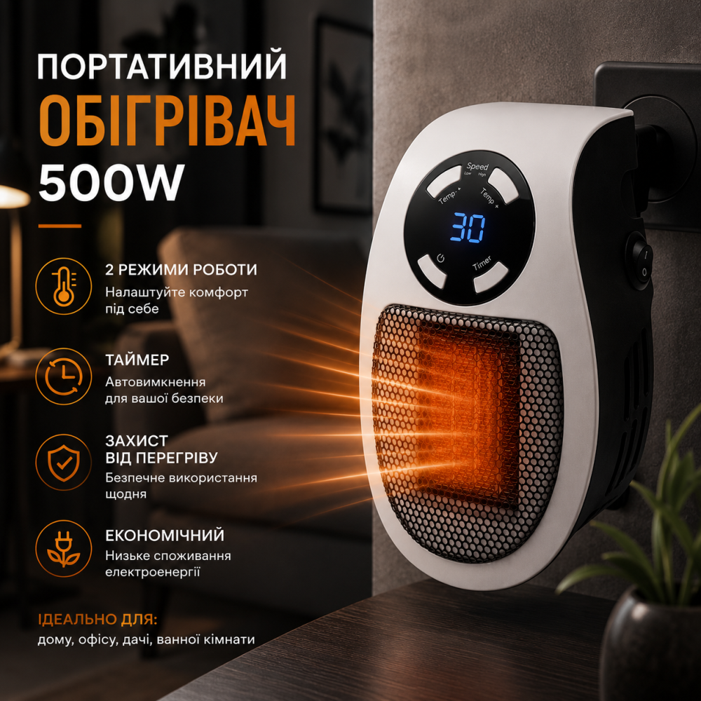 Уцінка Портативний обігрівач 500W, Portable Heater / Обігрівач електричний / Електрообігрівач Київ - фото 9