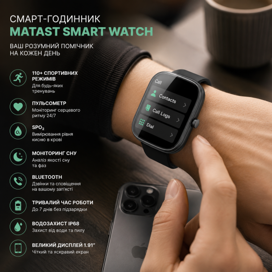 Смарт-годинник Matast Smart Watch 1.91", 110+ спортивних режимів, пульсометр, SpO2, моніторинг сну, Bluetooth Київ