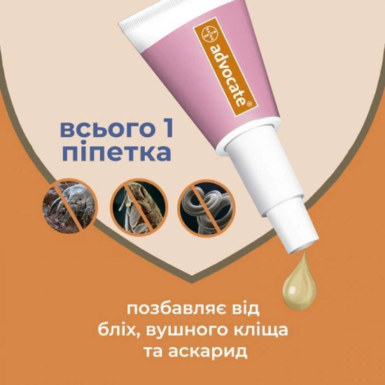 Краплі від бліх, кліщів, гельмінтів для котів і тхорів Bayer Elanco Advocate (Байєр Адвокат) 4-8 кг 3 піпетки Запоріжжя