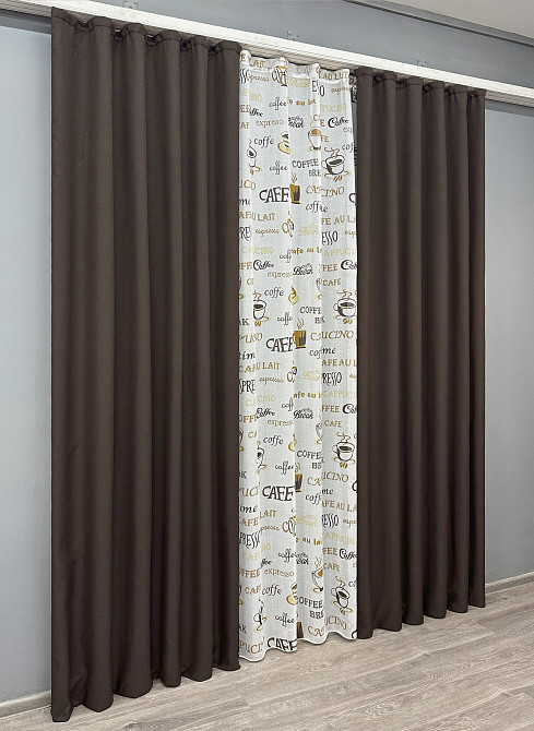 Комплект штор VR-Textil Лен Мешковина 150х270 2шт и Тюль 400х270 291ш-1791т Венге с белым 71-065/3 Киев - изображение 3