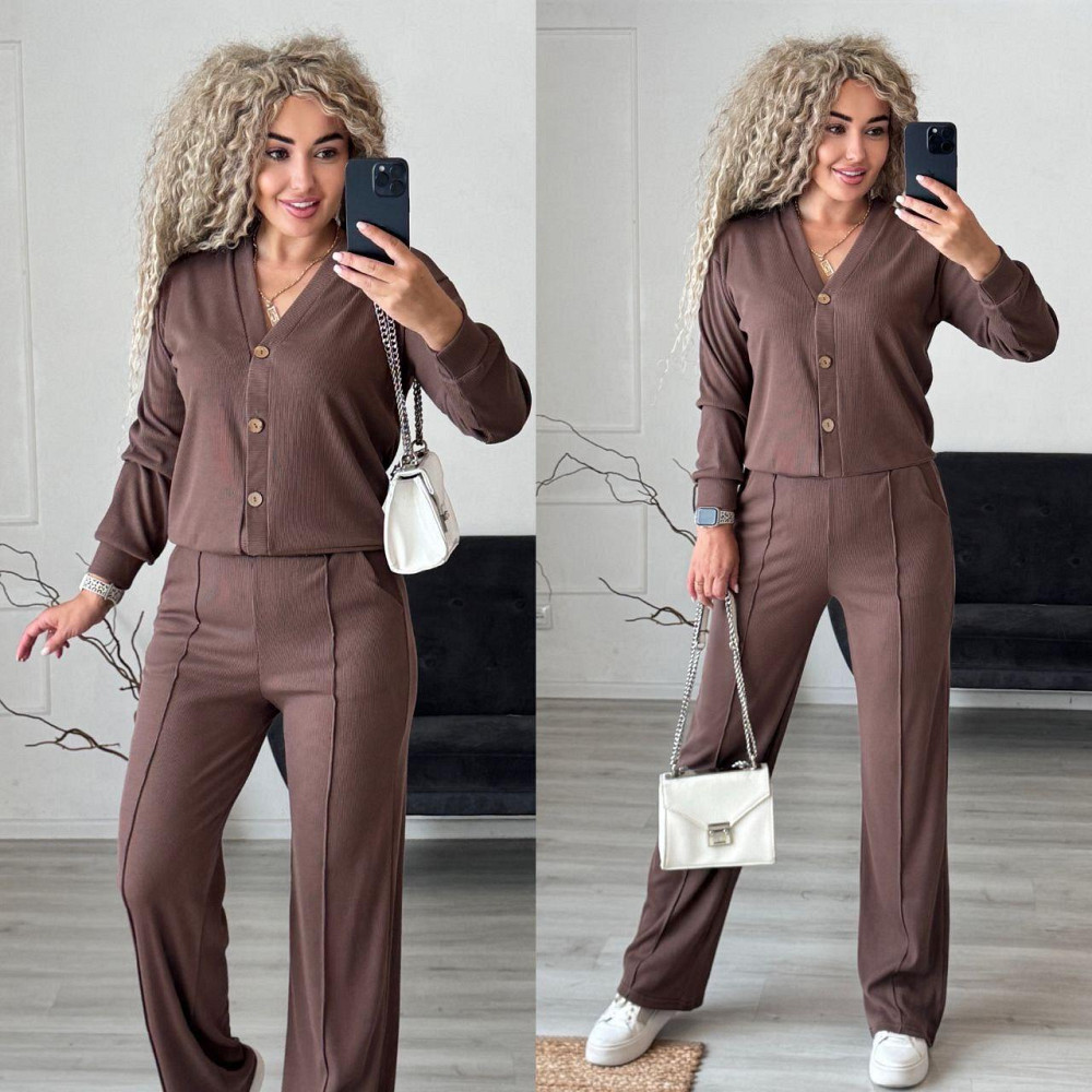 Женский стильный повседневный костюм двойка: кардиган на пуговицах + брюки трикотажный рубчик Мокко, 50/52 Одесса - изображение 8