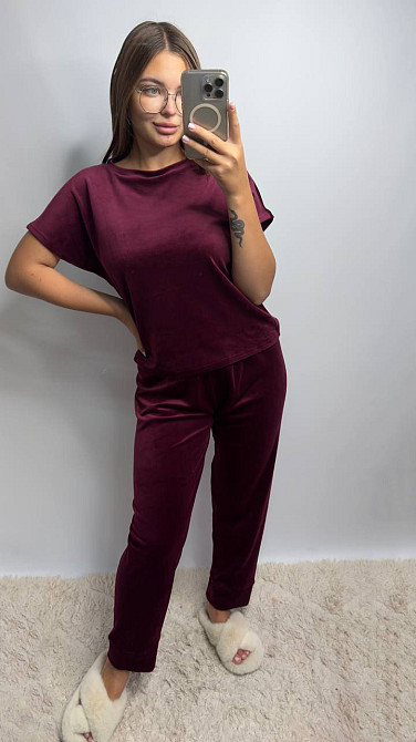 Пижама-комплект (футболка+шорти+штаны) из плюш-велюра Бордо XXL Харьков - изображение 1
