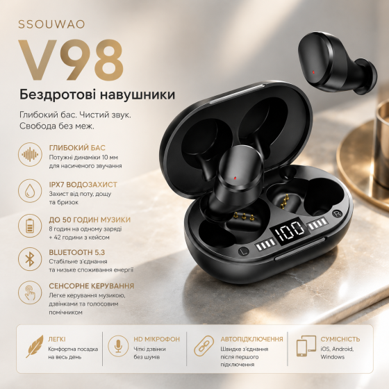 Bluetooth наушники, беспроводные IPX7 5.0 с глубокими басами, мини-цифровой ЖК-дисплей, зарядный футляр, шумоподавление, сенсор Киев