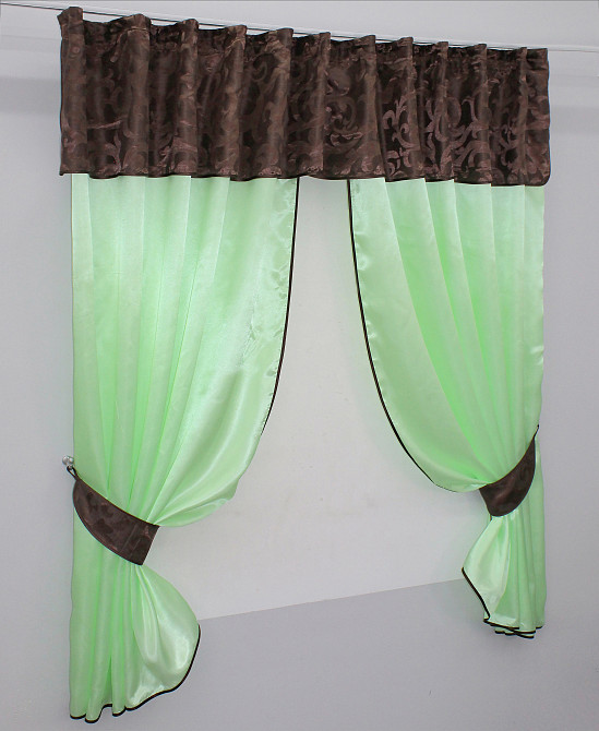 Кухонні штори VR-Textil № 073к з ламбрекеном і підхватами салатовий з коричневим 290х170 см ( 52-0267) Київ - фото 2