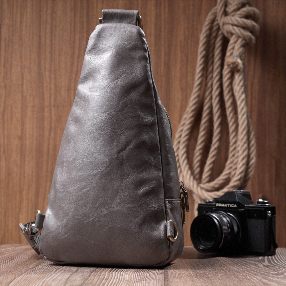 Зручна жіноча сумка з екошкіри з акцентом на текстильну лямку Vintage 22777 Сірий Київ - фото 9