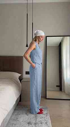 Жіночий стильний літній костюм-двійка льон Блакитний, 48/50 Одеса