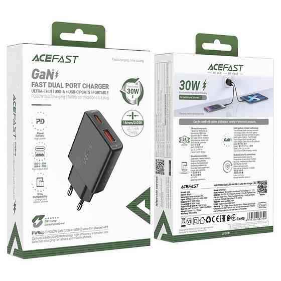 Мережевий зарядний пристрій ACEFAST A69 PD30W GaN (USB-A+USB-C) ultra-thin charger Black Одеса