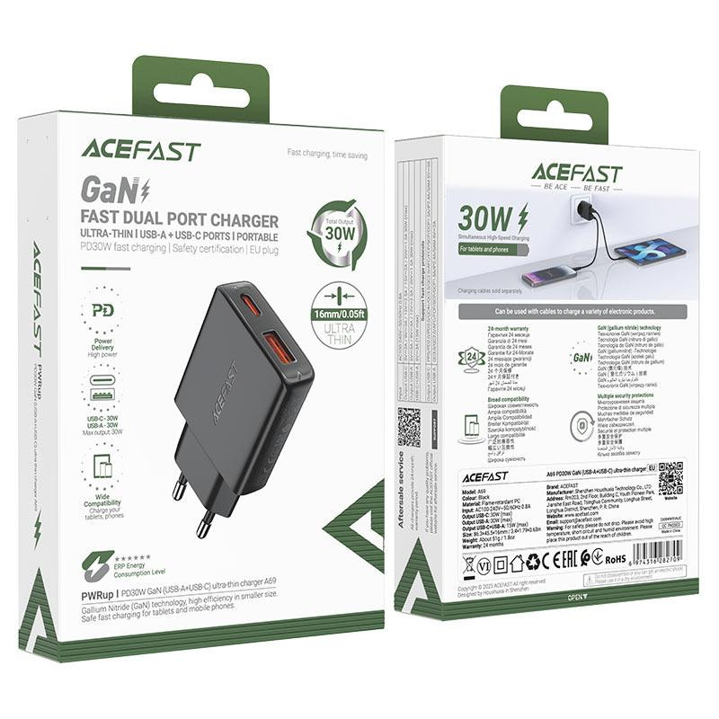 Мережевий зарядний пристрій ACEFAST A69 PD30W GaN (USB-A+USB-C) ultra-thin charger Black Одеса - фото 2