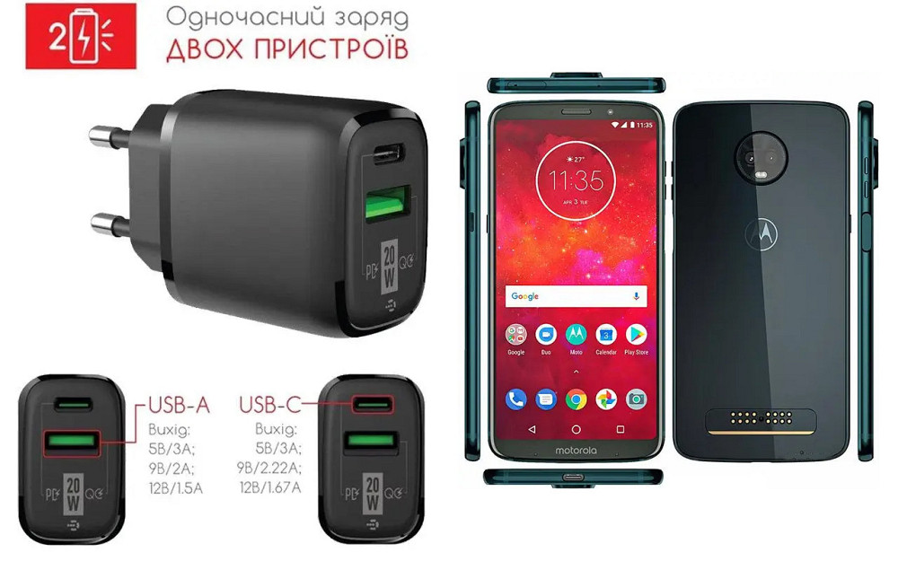 Сетевое зарядное устройство для Motorola Moto Z3, Moto Z3 Play, Moto Z3 Force, 20W 3A, Quick Charge 3.0 Киев - изображение 1