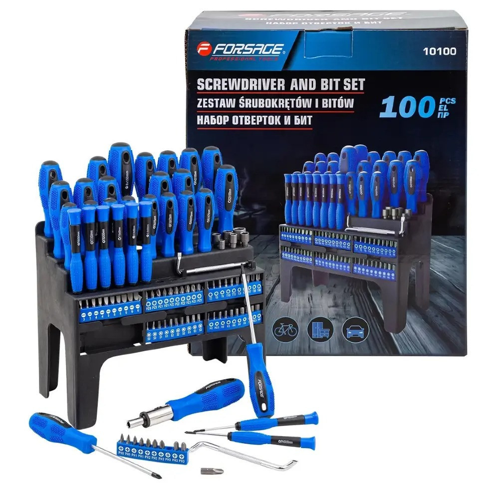 Набір викруток і біт 100 предметів, на пластиковому стенді Forsage F-10100 Одеса - фото 5