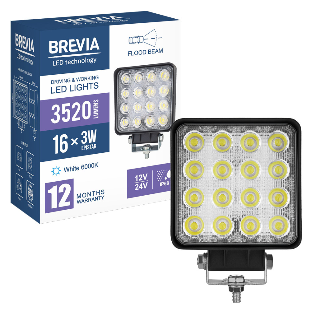 Фара светодиодная Brevia Epistar white Flood 10-30V, 48W (16x3W), 3520Lm, 1шт Львов - изображение 8