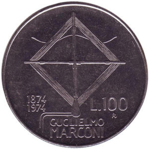 100-річчя з дня народження Гульєльмо Марконі. Монета 100 лір. 1974 рік, Італія. (Г) Полтава - фото 1