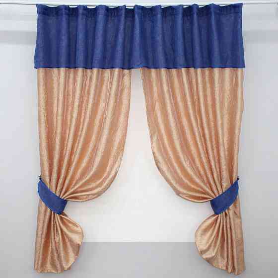 Кухонные шторы VR-Textil № 073к с ламбрекеном и подхватами персиковый с синим 275х170 см (52-0140) Киев