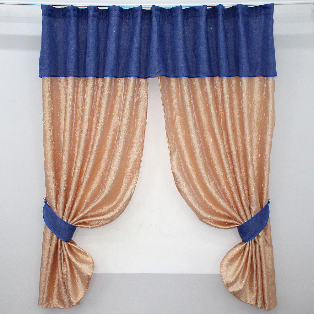 Кухонные шторы VR-Textil № 073к с ламбрекеном и подхватами персиковый с синим 275х170 см (52-0140) Киев - изображение 1