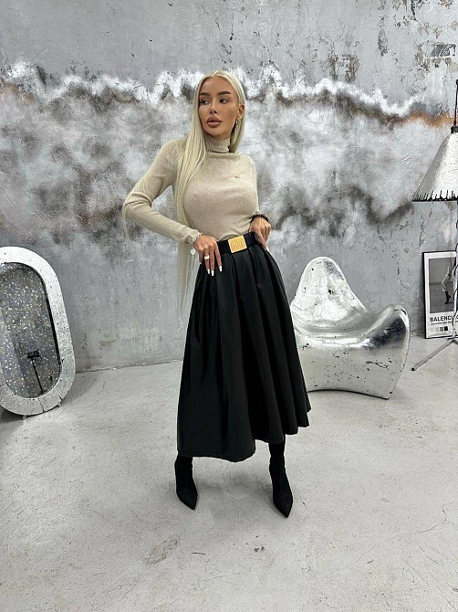 Женская теплая миди юбка со складками экокожа на флисе 48/52 Одесса - изображение 5