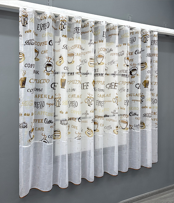 Кухонная тюль-арка VR-Textil № 1792т-1210т лен молочный с коричневым 300х155 см (53-0070) Киев - изображение 1