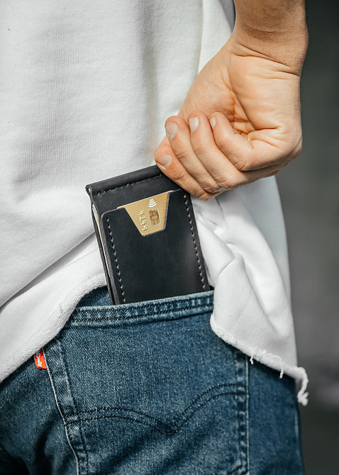 Чоловічий гаманець із натуральної шкіри, чорний місткий гаманець, чоловічий на кнопці гаманець із Crazy HorseMasterSem Київ - фото 5