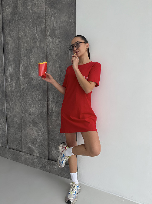 Футболка туніка жіноча футболка сукня плаття бавовна COSY Be Happy червона Одеса - фото 2