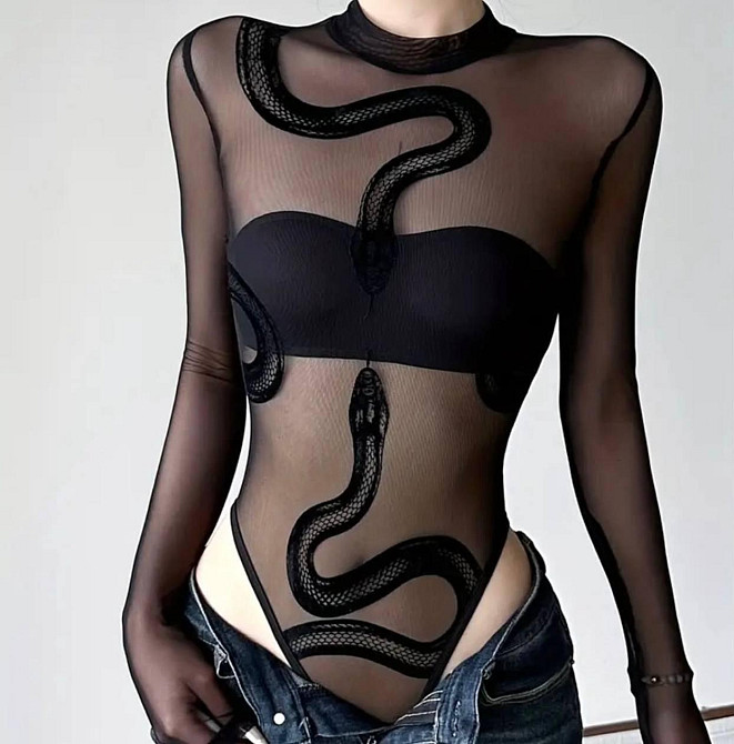 Жіночий стильний напівпрозорий боді з малюнком змії стрейч сітка Одеса - фото 2