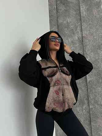 Женская стильная оверсайз худи с капюшоном на молнии петля пенье + турецкая рибана Одесса