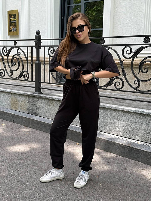 Спортивный костюм женский футболка и штаны джогеры Черный M-L Харьков - изображение 3