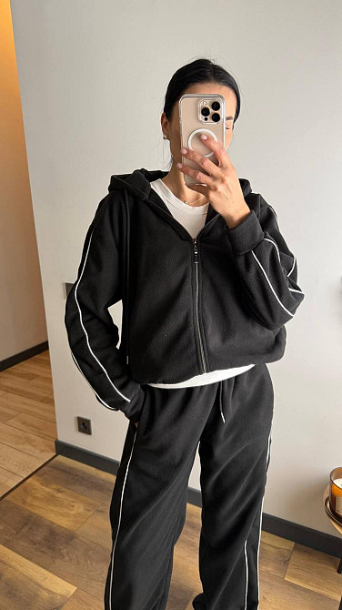 Жіночий теплий костюм-двійка з кантом двосторонній фліс Чорний, 42/44 Одеса - фото 1