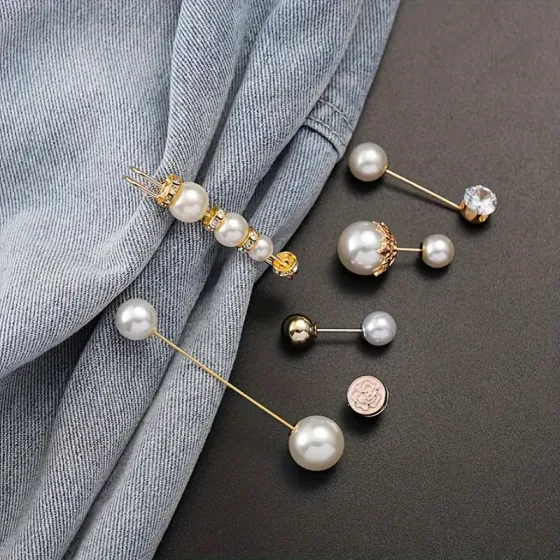 Набір брошок із перлами та кристалами 6 шт – елегантні золотисті аксесуари Київ