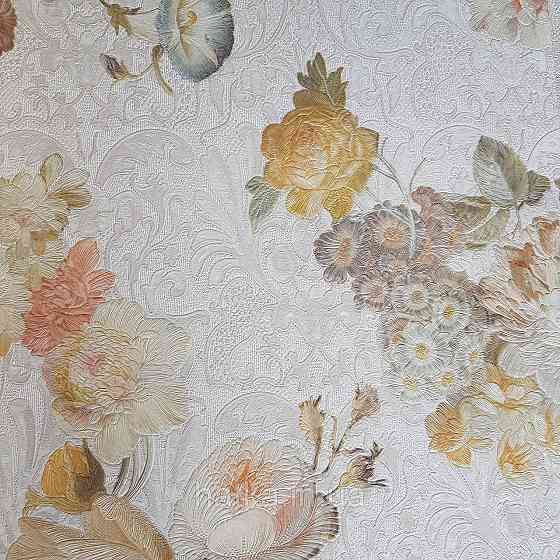 Шпалери метрові вінілові на флізелін Yuanlong Samsara квіти троянди, півонії жовті блакитні на пісочному Київ