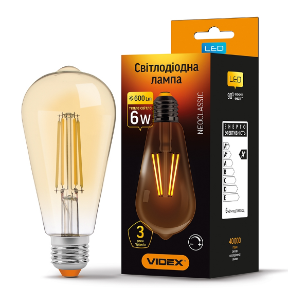 Лампа Ретро 6W E27 2200К 220V Filament AD LED Videx Житомир - изображение 2