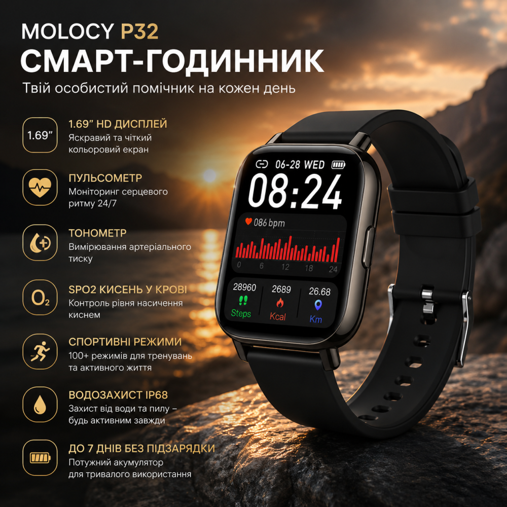Смарт-часы MOLOCY P32 Black — Умные фитнес-часы 1.69