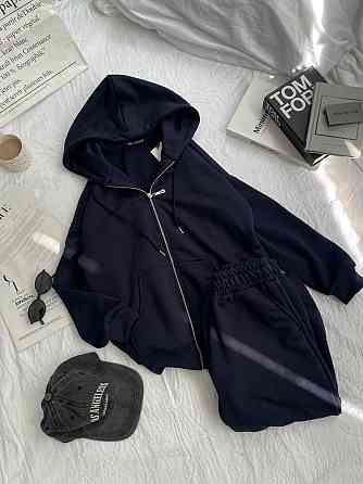 Женский прогулочный оверсайз костюм: кофта на молнии и штаны турецкая трехнить петля Темно-синий Одесса