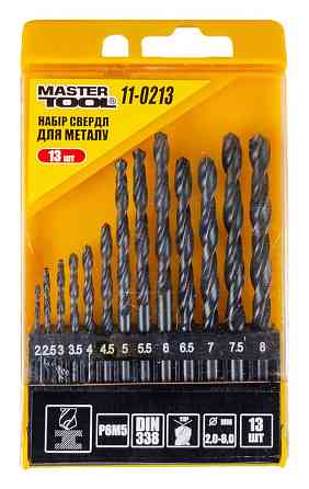 Набір свердл для металу MASTERTOOL 13 шт HSS 2 - 8 мм plastic box BLACK 11-0213 Рівне