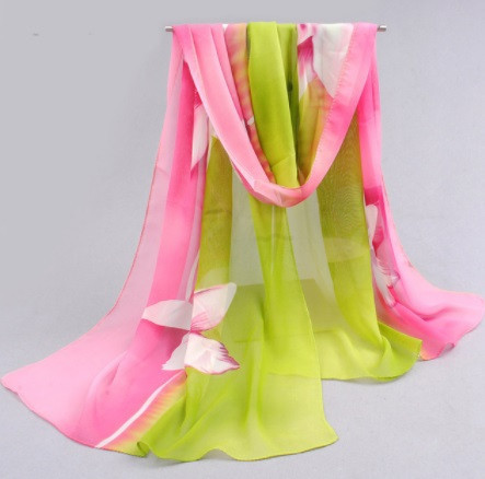 Женский шарфик с цветами, розовый + салатовый - размер шарфика приблизительно 150*48см, шифон Киев - изображение 1