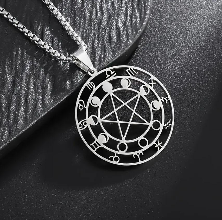 Подвеска с пентаграммой, лунными фазами и знаками зодиака — серебристый кулон с цепочкой Киев - изображение 1
