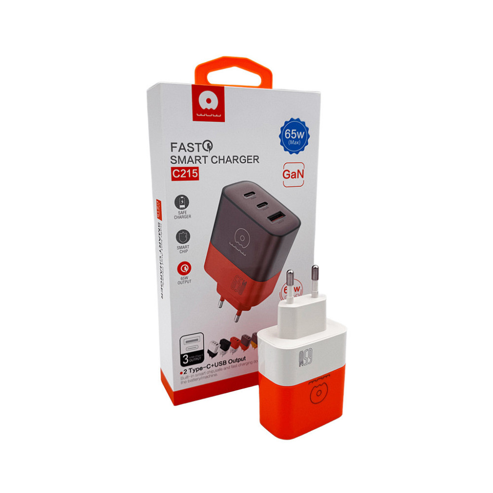 Зарядное устройство WUW-C215 65W с 2 USB-C и USB-A бело-оранжевое Киев - изображение 1