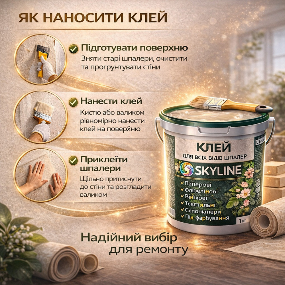 Клей для шпалер Skyline 5 кг універсальний суперміцний для скловолокна і важких шпалер, готовий без запаху Харків - фото 9