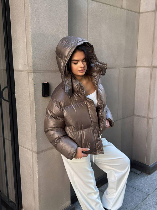 Женская короткая куртка дутик с карманами и капюшоном плащевка перламутр на синтепоне Шоколад, 44/46 Одесса - изображение 2